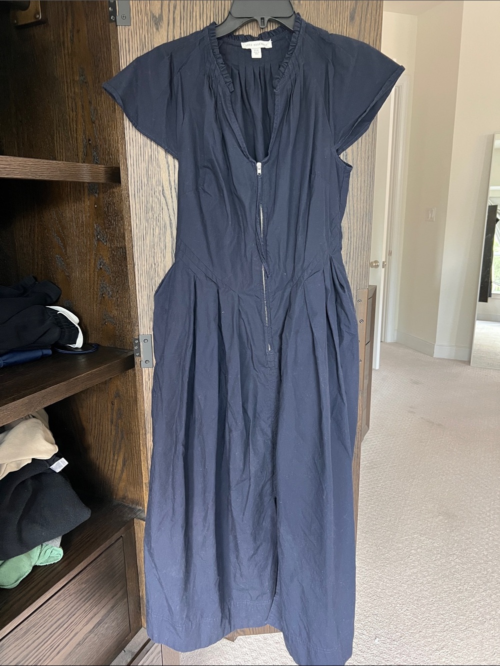 Navy Zip-Front Cap-Sleeve Midi Dress